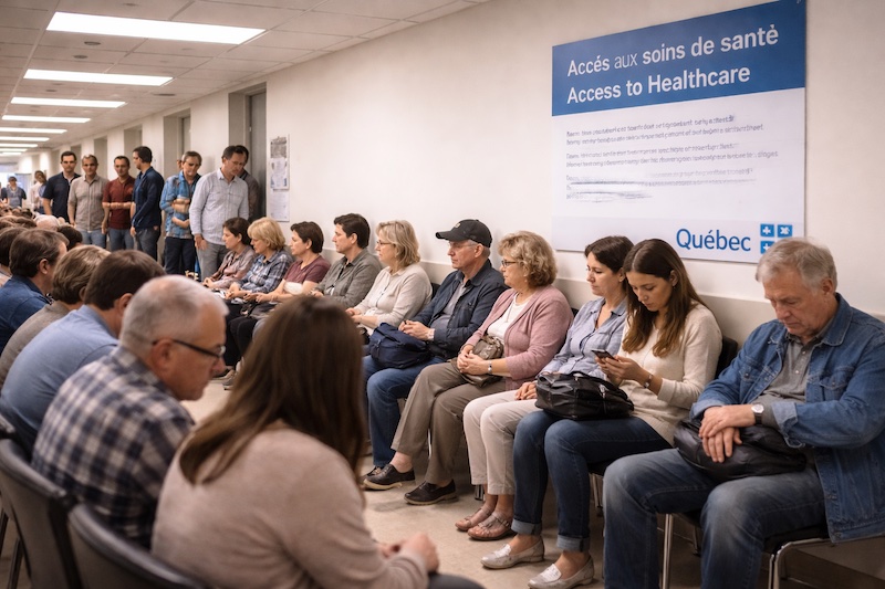 salle-attente-hopital-quebec-sp Salle d’attente d’un hôpital québécois bondée, avec de nombreuses personnes assises et debout le long des murs, illustrant l’affluence et les délais d’accès aux soins.