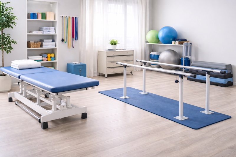 salle-physiotherapie-readaptation Salle de physiothérapie équipée de matériel de réadaptation, illustrant les soins et le suivi fonctionnel dans un parcours de santé.