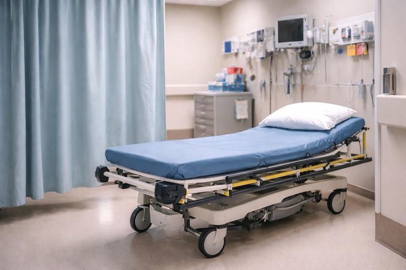 salle-urgence-attente-quebec Salle d’urgence avec une civière vide et un rideau séparateur, illustrant l’attente et les délais dans les services d’urgence.