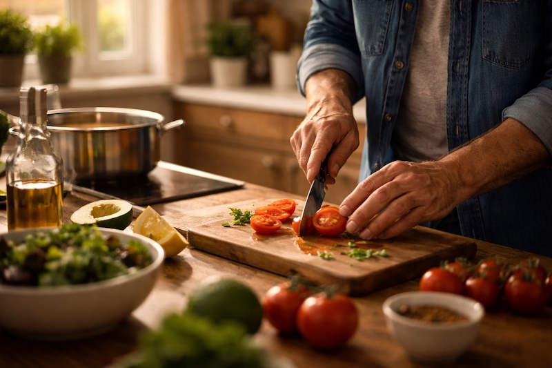 soins-quotidiens-couple-cuisine Main masculine préparant un repas dans une cuisine baignée de lumière douce, illustrant les soins quotidiens et le soutien concret au sein du couple face à la sclérose en plaques.