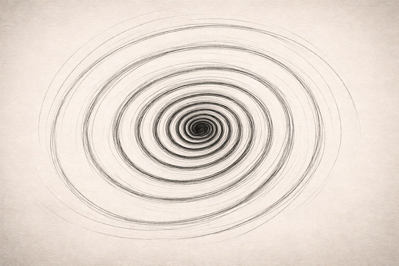 spirale-pensees-anxieuses-sp Spirale dessinée à la main devenant de plus en plus serrée, symbolisant l’accélération et l’envahissement des pensées anxieuses chez une personne atteinte de sclérose en plaques.