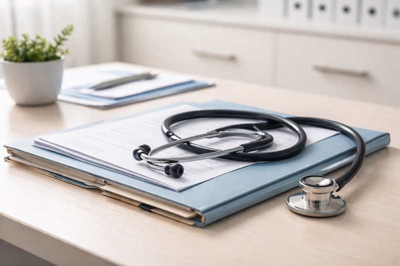 stethoscope-dossier-soins-quebec Stéthoscope posé sur un bureau médical à côté d’un dossier patient, illustrant le suivi et la continuité des soins.