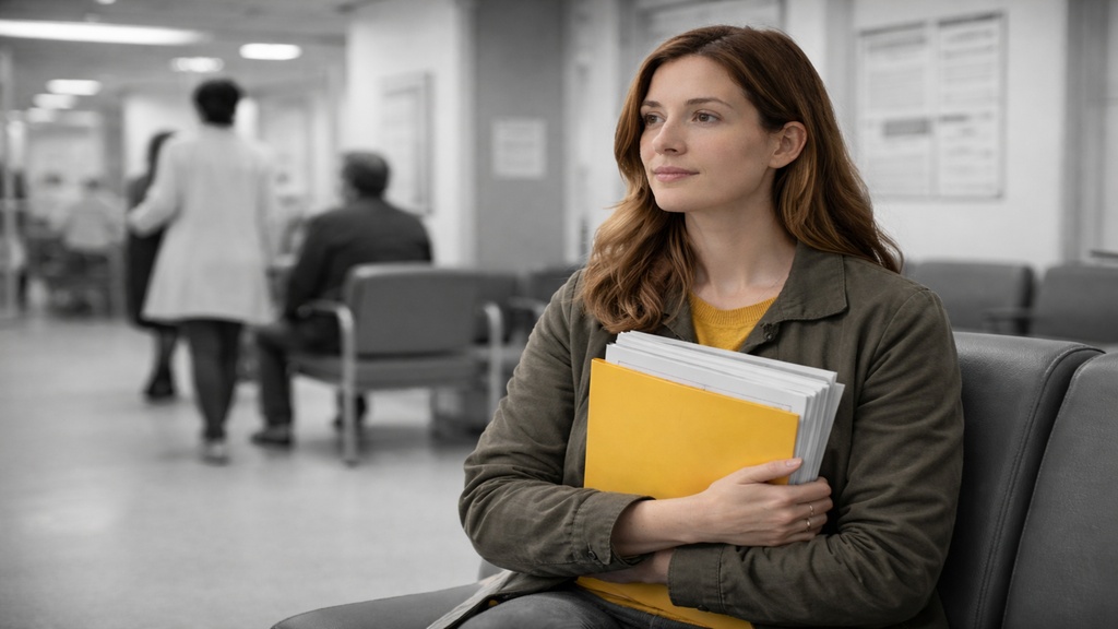 Femme assise dans une salle d’attente d’un établissement de santé, tenant un dossier de documents médicaux coloré, entourée d’un environnement institutionnel en noir et blanc, illustrant son parcours dans le système de santé.