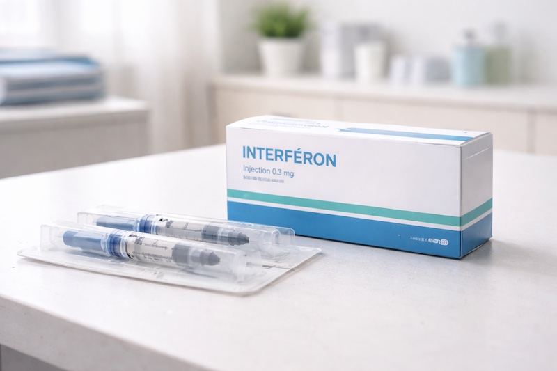 traitement-interferon-sp Boîte de médicament d’interféron avec seringues emballées, illustrant un traitement médicamenteux utilisé dans la sclérose en plaques.
