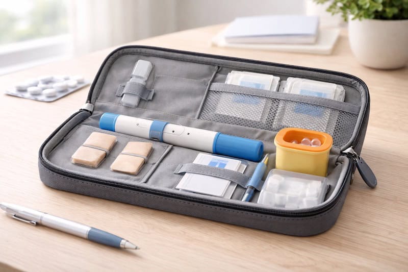 trousse-injection-organisee-traitement-sclerose-en-plaques Trousse d’injection organisée avec les accessoires nécessaires, illustrant la routine établie pour le traitement de la sclérose en plaques.