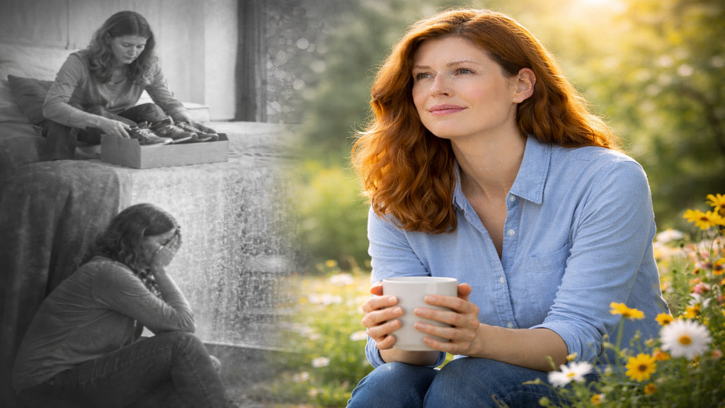 Sophie Martineau, représentée en couleur et assise dans un jardin lumineux, tient une tasse entre ses mains et regarde au loin avec un léger sourire, tandis que des scènes de son passé en noir et blanc apparaissent à gauche, illustrant ce que la sclérose en plaques lui a enlevé et ce qu’elle lui a aussi permis de transformer.