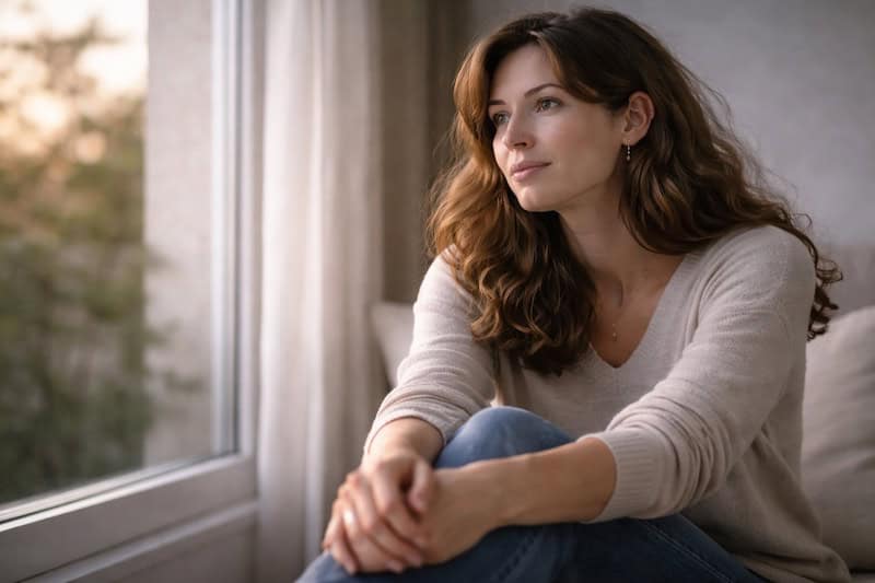 acceptation-nuancee-paix-fragile Personne assise près d’une fenêtre, regard calme tourné vers l’extérieur, illustrant une acceptation nuancée et une paix intérieure encore fragile.