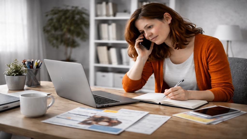 Femme assise à un bureau de travail aménagé, utilisant un ordinateur portable avec des accessoires ergonomiques visibles, dans un environnement professionnel en noir et blanc, illustrant les accommodements possibles au travail pour une personne vivant avec la SP au Québec.