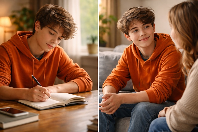 ado-ecriture-ou-echange-adulte Adolescent écrivant dans un cahier ou échangeant calmement avec un adulte de confiance dans un environnement rassurant.