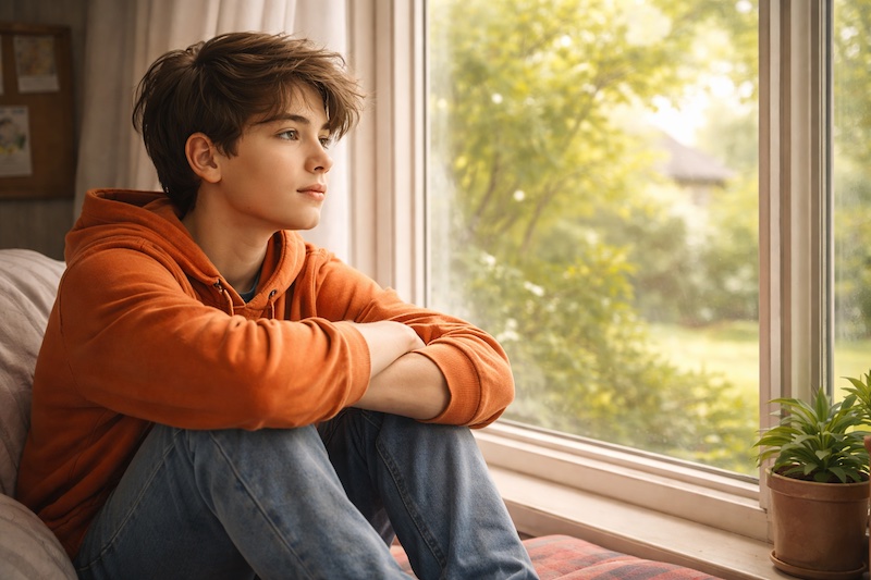 ado-regard-fenetre-pensif Adolescent regardant par la fenêtre avec une expression pensive et calme, dans une atmosphère chaleureuse et intime.