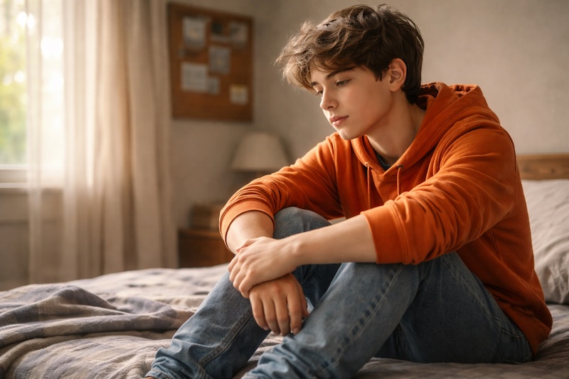 ado-seul-lit-pensif Adolescent assis seul sur son lit, regard pensif, dans une chambre calme éclairée par une lumière douce.