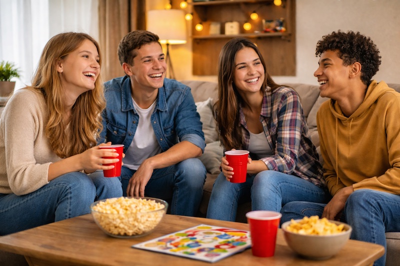 ados-amis-salon-parent-sp Groupe d’adolescents qui rient ensemble dans un salon, ambiance décontractée et chaleureuse, moment de normalité partagé malgré la réalité d’un parent atteint de sclérose en plaques.