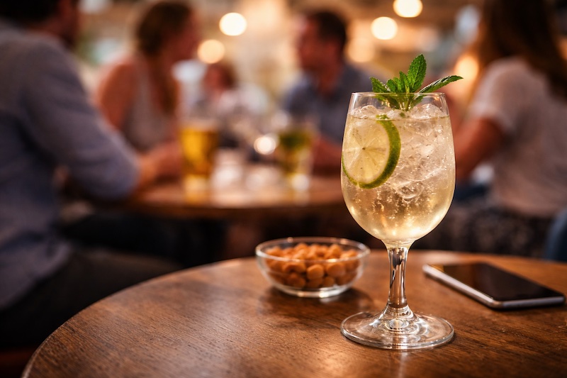 alcool-leger-effets-similaires-sp Verre de boisson légère posé sur une table dans un contexte social, suggérant que même une faible quantité d’alcool peut provoquer des effets similaires chez une personne vivant avec la sclérose en plaques.