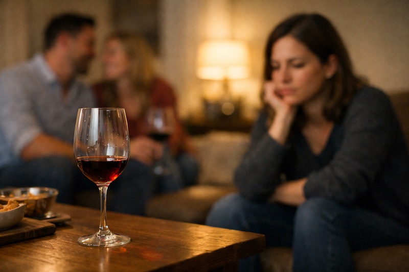alcool-sp-vie-sociale-questionnement Verre de vin à moitié vide posé sur une table lors d’une soirée entre amis, personne en arrière-plan semblant réfléchir, ambiance chaleureuse mais introspective