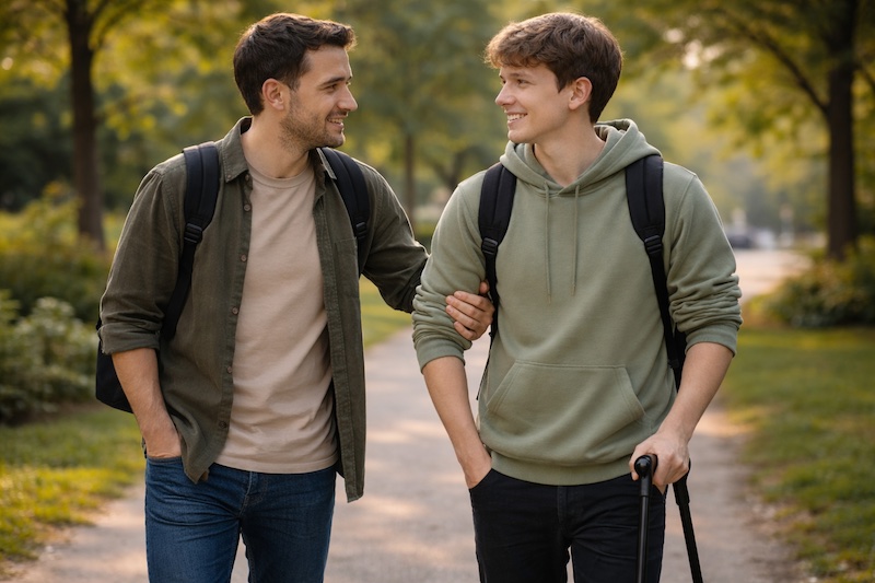 ami-offre-bras-discret-sp Deux jeunes adultes marchant côte à côte, l’un utilisant une aide à la mobilité tandis que son ami lui offre discrètement un bras pour stabiliser, illustrant un soutien respectueux et naturel dans un contexte de sclérose en plaques.