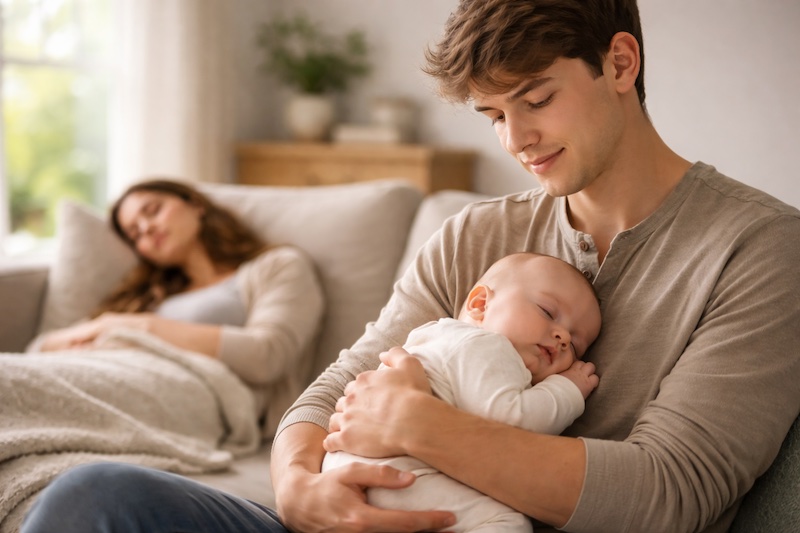 Ami tenant doucement un bébé dans ses bras pendant que le parent se repose en arrière-plan, illustrant l’entraide et le soutien dans un contexte de sclérose en plaques.