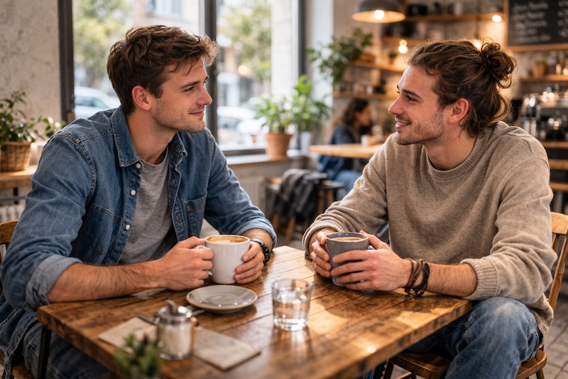Deux jeunes adultes assis dans un café, discutant calmement dans une ambiance décontractée, illustrant le soutien amical après une période difficile liée à la sclérose en plaques.
