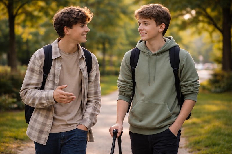 amis-conversation-naturelle-aide-mobilite-sp Deux amis adolescents discutant naturellement dans un parc, une aide à la mobilité visible mais non centrale, illustrant une amitié normale malgré les changements physiques liés à la sclérose en plaques.