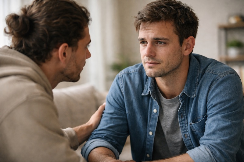 Deux jeunes adultes en conversation sérieuse, se regardant avec compassion et écoute attentive, illustrant le soutien entre amis après une perte d’emploi liée à la sclérose en plaques.