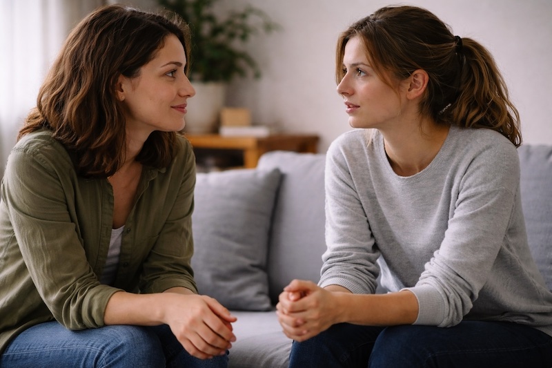 amis-discussion-ecoute-confiance Deux personnes assises l’une face à l’autre, échangeant calmement dans une ambiance de confiance et d’écoute mutuelle.