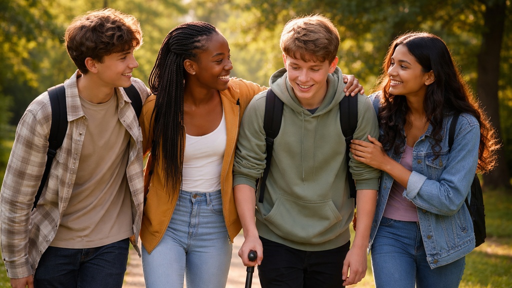Groupe de quatre adolescents marchant ensemble dans un parc, soutenant naturellement leur ami qui utilise une canne, illustrant l’amitié et la dignité face aux changements physiques liés à la sclérose en plaques.