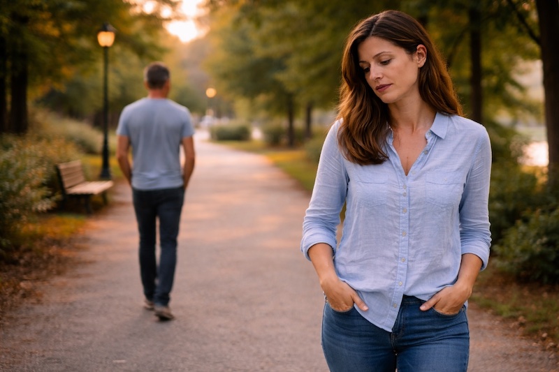 amitie-perdue-eloignement-progressif-sp Deux personnes autrefois proches marchant à distance l’une de l’autre dans un parc ou une rue calme, illustrant un éloignement progressif dans une amitié.