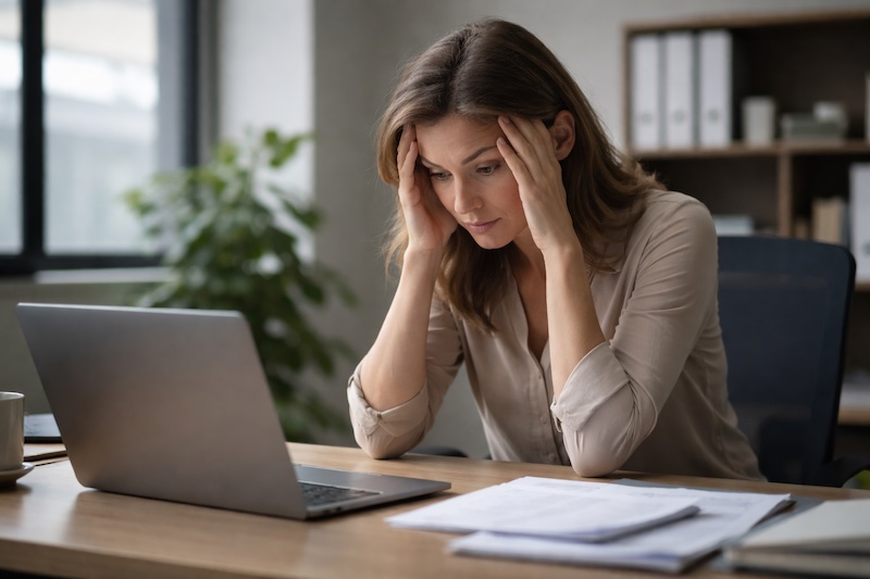 anxiete-divulgation-sp-travail-bureau Femme assise seule à son bureau au travail, tenant sa tête dans ses mains, exprimant l’anxiété liée à la divulgation d’un diagnostic de sclérose en plaques.