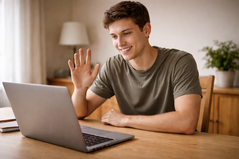 appel-video-lien-familial-distance Personne souriante faisant un appel vidéo sur son ordinateur portable, maintenant un lien avec ses proches malgré la distance et les responsabilités familiales.