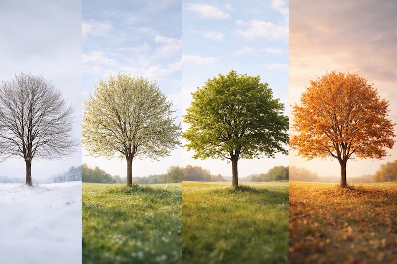 arbre-quatre-saisons-evolution Un même arbre représenté à travers les quatre saisons, illustrant le changement et la continuité comme métaphore de l’évolution identitaire.