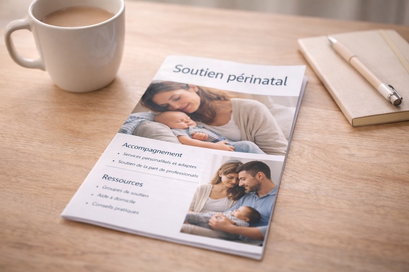 Brochure d’information sur le soutien périnatal posée sur une table, avec visuels rassurants et mise en page claire, évoquant l’accompagnement des parents vivant avec la sclérose en plaques.