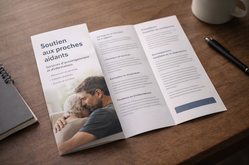 brochure-soutien-proches-aidants Brochure d’un service de soutien destinée aux proches aidants, posée sur une surface plane, avec des informations générales visibles.