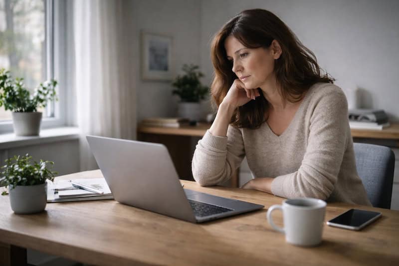 bureau-maison-isole-solitude-professionnelle Personne seule travaillant dans un bureau à domicile silencieux, posture fatiguée et ambiance épurée, illustrant la solitude professionnelle et l’isolement du télétravail.