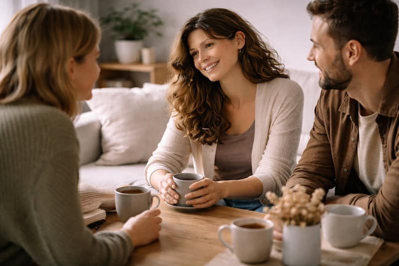 cercle-social-retreci-qualite-vs-quantite Petit groupe de personnes échangeant calmement dans une ambiance chaleureuse, illustrant un cercle social plus restreint où la qualité des relations prime sur la quantité.