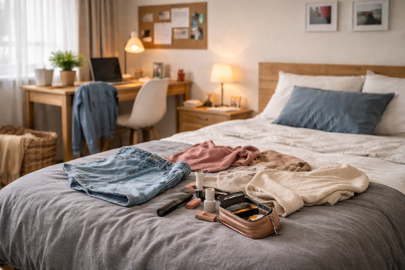 chambre-ado-objets-lit Chambre d’adolescent bien rangée, avec des vêtements et du maquillage éparpillés sur le lit, suggérant un moment de préparation ou d’hésitation.