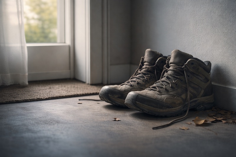 chaussures-randonnee-activites-perdues-sp Chaussures de randonnée usées posées dans un coin près d’une porte, éclairées par une lumière douce et mélancolique, évoquant des activités laissées de côté.