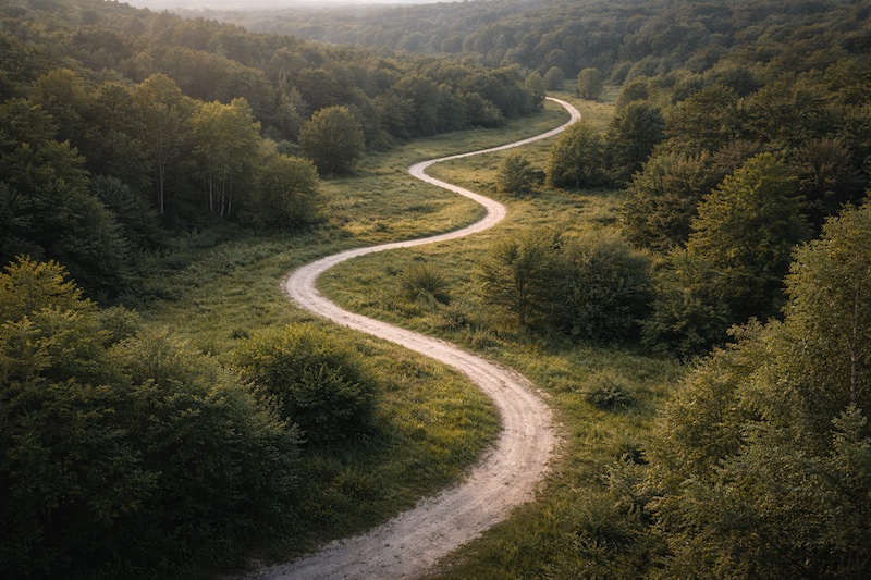 chemin-sinueux-parcours-recul-sp Chemin sinueux vu d’en haut traversant un paysage naturel, illustrant le parcours déjà parcouru et le recul progressif pris après les premiers mois suivant un diagnostic de sclérose en plaques.