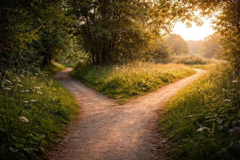 Deux chemins qui se séparent dans un paysage naturel lumineux, symbolisant des parcours de vie différents après une perte d’emploi liée à la sclérose en plaques.