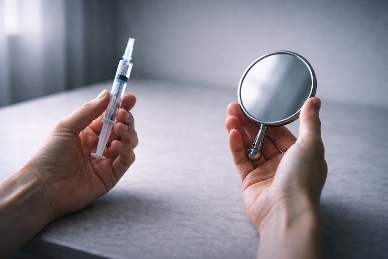 Main tenant une seringue et un miroir, éclairés par une lumière douce, symbolisant la réflexion et la pesée des options liées aux traitements de la sclérose en plaques.