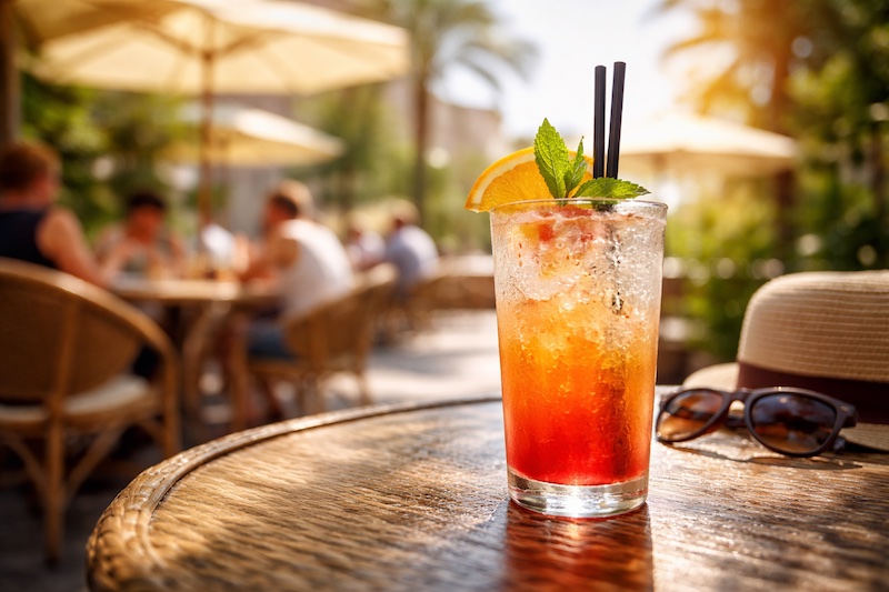 cocktail-terrasse-chaleur-alcool-sp Cocktail coloré posé sur une table en terrasse sous un soleil estival, suggérant l’effet combiné de la chaleur et de l’alcool pour une personne vivant avec la sclérose en plaques.