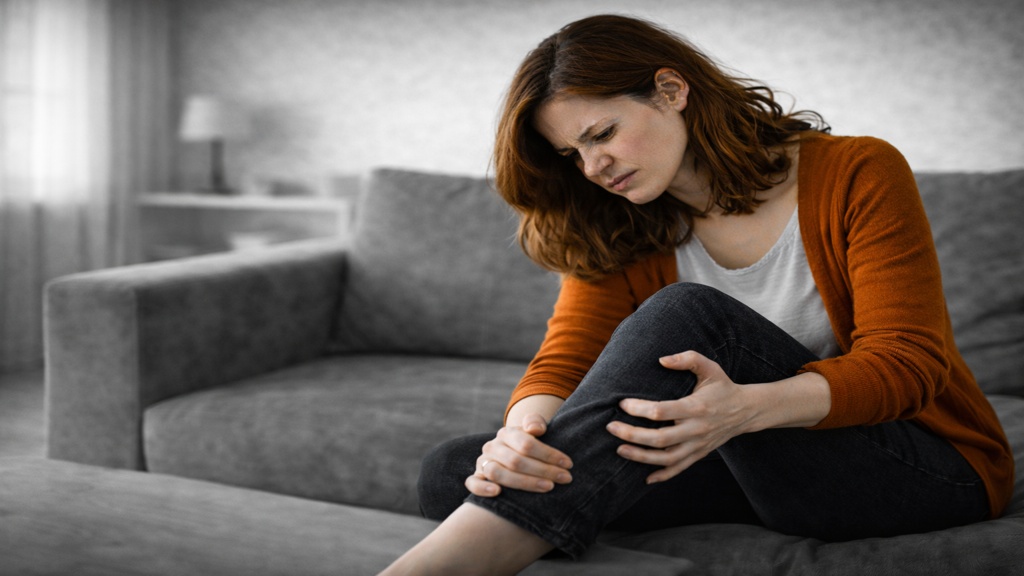 Femme assise sur un canapé, tenant fermement sa jambe avec une expression de tension et de frustration, dans un salon en noir et blanc, illustrant la colère et le ressentiment dirigés vers son propre corps avec la SP.