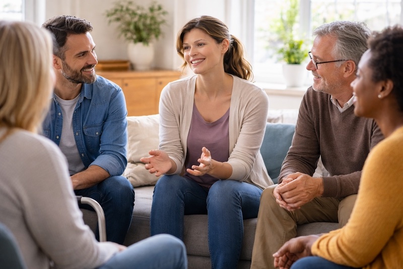 communaute-sp-temoignages-encourageants Petit groupe d’adultes discutant ensemble dans une rencontre conviviale, illustrant le soutien et les témoignages encourageants au sein de la communauté sclérose en plaques.