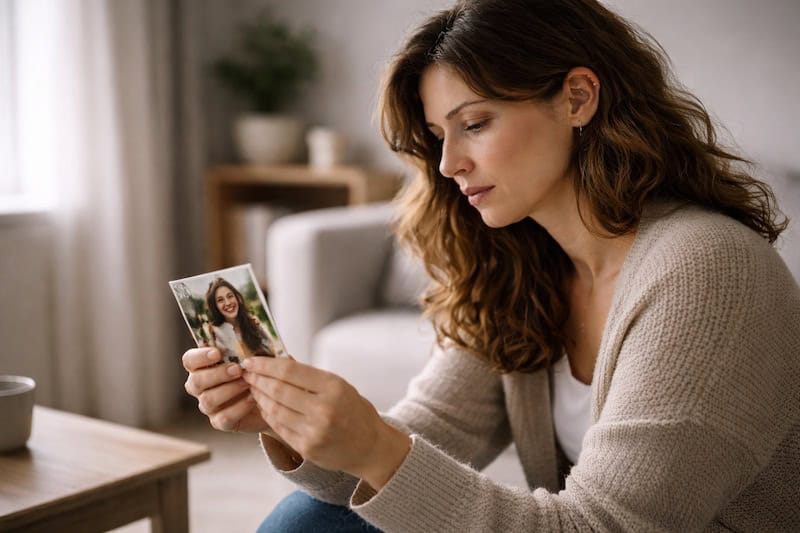 comparaison-soi-passe-present-souffrance-auto-infligee Personne observant une photo de son passé avec une expression mélancolique, illustrant la comparaison entre le soi passé et le présent et la souffrance auto-infligée qui en résulte.
