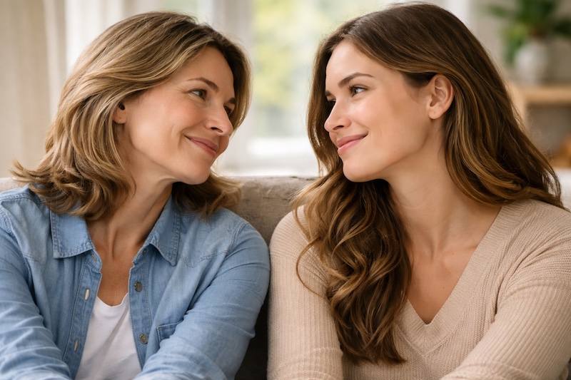 complicite-mere-fille-adulte-sp Mère et fille adulte se regardant avec complicité et compréhension, partageant un moment calme et sincère.