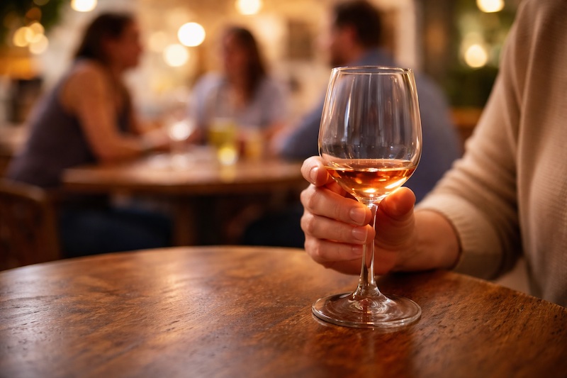 consommation-minimale-alcool-choix-sp Personne tenant un verre avec une très petite quantité d’alcool lors d’une sortie, illustrant un choix stratégique de consommation minimale en contexte de sclérose en plaques.