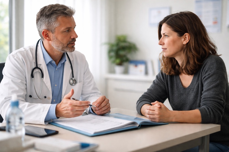 consultation-sp-alcool-recommandations Consultation médicale entre un patient et un professionnel de la santé, dossier ouvert sur le bureau, discussion sérieuse évoquant l’absence de recommandations claires concernant l’alcool et la sclérose en plaques