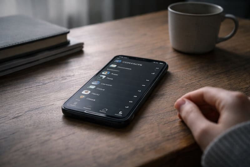 contacts-telephone-silencieux-amities-eteintes Smartphone affichant une liste de contacts sans notifications ni messages récents, symbolisant le silence des échanges et des amitiés qui se sont éteintes avec le temps.
