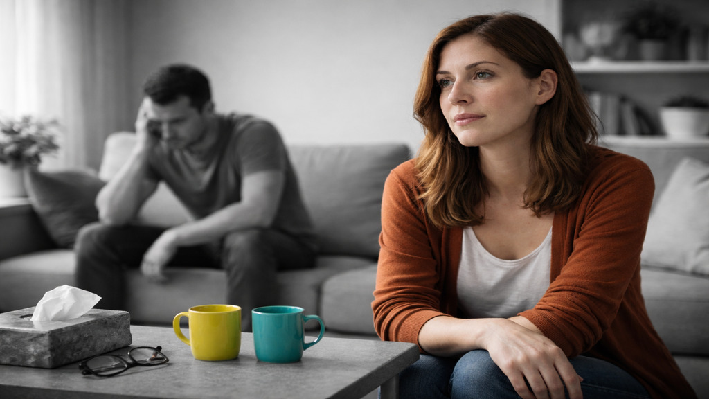 Sophie Martineau, assise en couleur sur un canapé, regarde vers l’avant avec une expression calme et attentive, tandis que son partenaire, en arrière-plan en noir et blanc, est assis pensif; deux tasses en couleur reposent sur la table, évoquant une conversation délicate au sein du couple face à la sclérose en plaques.