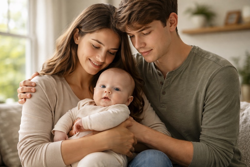 Couple tenant un bébé dans leurs bras, sourire tendre mêlé d’une légère inquiétude, évoquant les émotions complexes liées à la parentalité face à la sclérose en plaques.