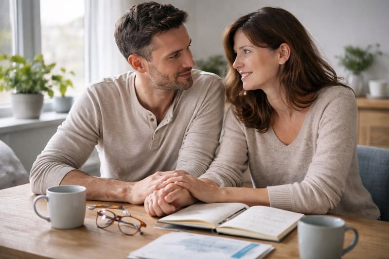 couple-discutant-avenir-projets-simples Couple assis côte à côte échangeant un regard complice autour de projets simples pour l’avenir, dans une ambiance calme et chaleureuse.