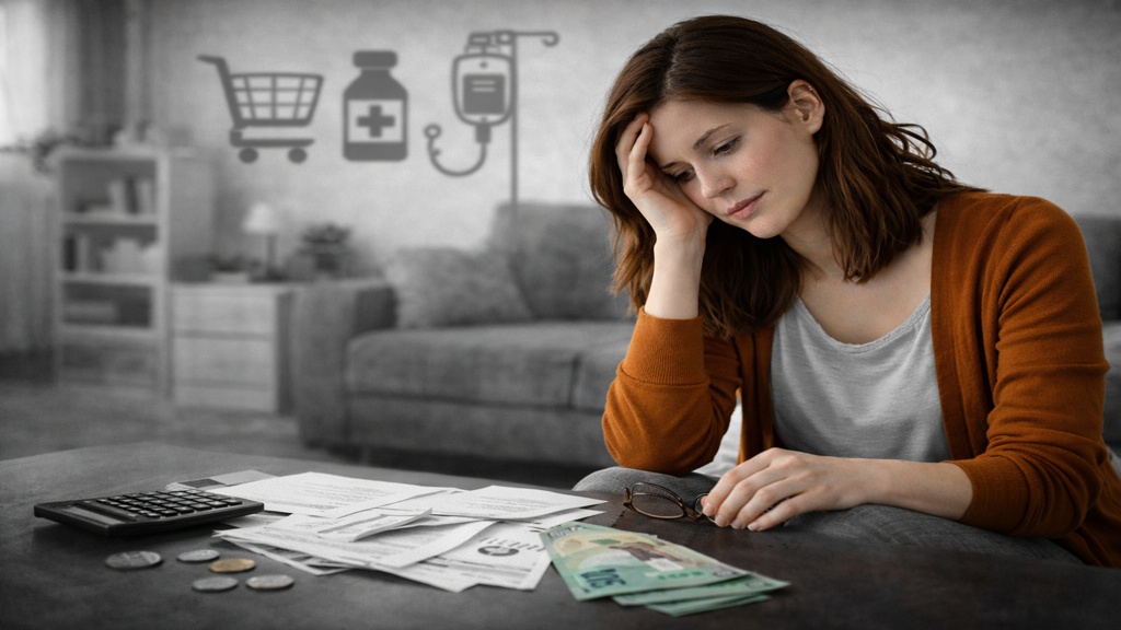 Femme assise à une table, une main soutenant sa tête, regardant des factures et de l’argent devant elle, dans un environnement intérieur en noir et blanc, illustrant le coût financier de vivre avec la SP au Québec.